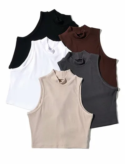 Ladies Sleeveless Turtleneck Crop Top
