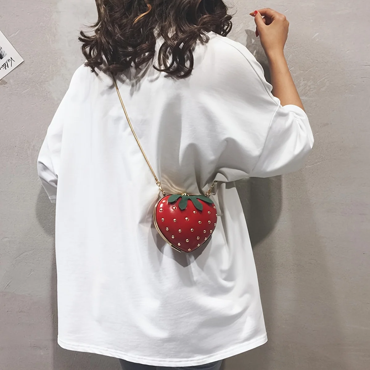 Ladies Summer Fashion Cute Strawberry Crossbody Bag Rivet Snake Bone Chain Bag