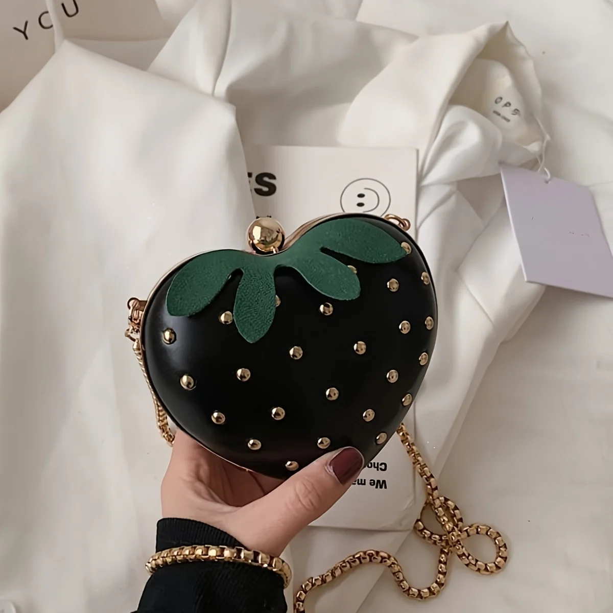 Ladies Summer Fashion Cute Strawberry Crossbody Bag Rivet Snake Bone Chain Bag