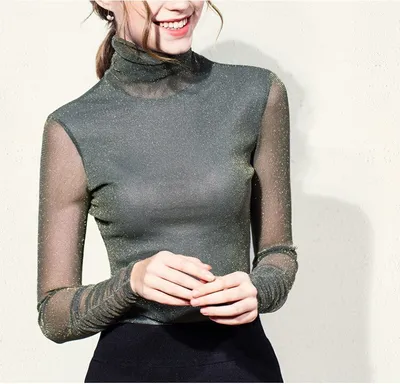 Ladies Turtle Neck Top with Transparent Long Sleeve Ladies Turtle Neck Top with Transparent Long Sleeve