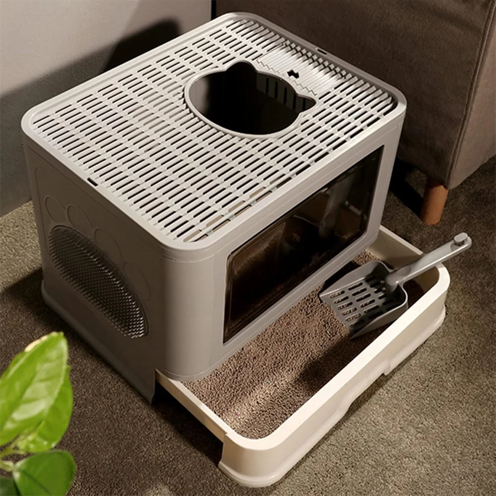 Large Hooded Cat Litter Box Tray Drawer Type Pet Kitty Toilet Top Entry Anti-Splashing Enclosed Potty with Hair
