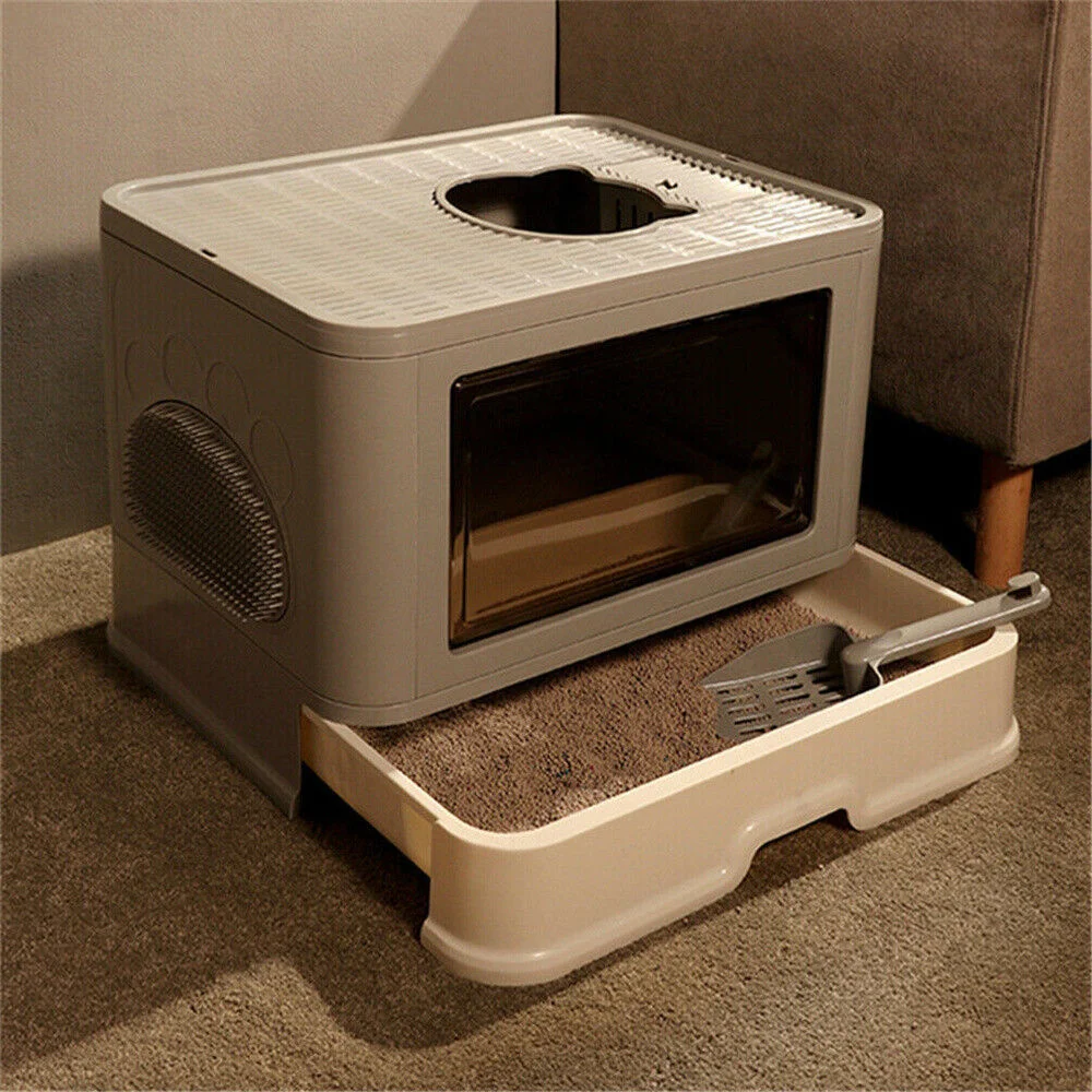Large Hooded Cat Litter Box Tray Drawer Type Pet Kitty Toilet Top Entry Anti-Splashing Enclosed Potty with Hair
