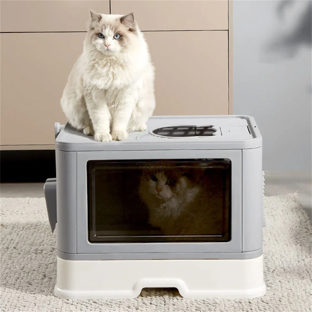 Large Hooded Cat Litter Box Tray Drawer Type Pet Kitty Toilet Top Entry Anti-Splashing Enclosed Potty with Hair