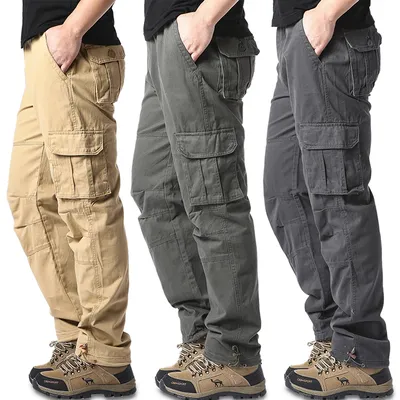 Large Pocket Loose Overalls Men's Outdoor Sports Jogging Military Tactical Pants Elastic Waist Pure Cotton Casual Work