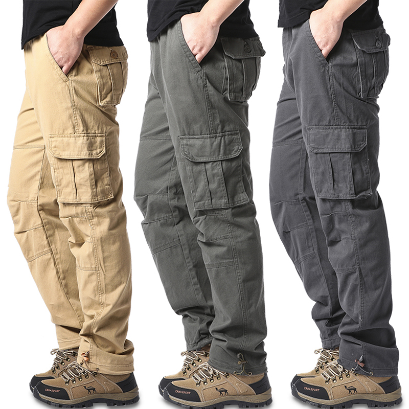 Large Pocket Loose Overalls Men's Outdoor Sports Jogging Military Tactical Pants Elastic Waist Pure Cotton Casual Work