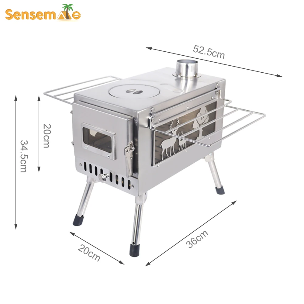 Large Portable Fire Wood Stove with Window Pipe, Tent Heater, Cot Camping, Ice-fishing Cooking, Outdoor BBQ