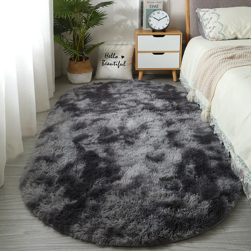 Large Size Oval Plush Rug Fluffy Home Decor Bedside Thick Tie Dye Rug Living Room Bedroom Rug