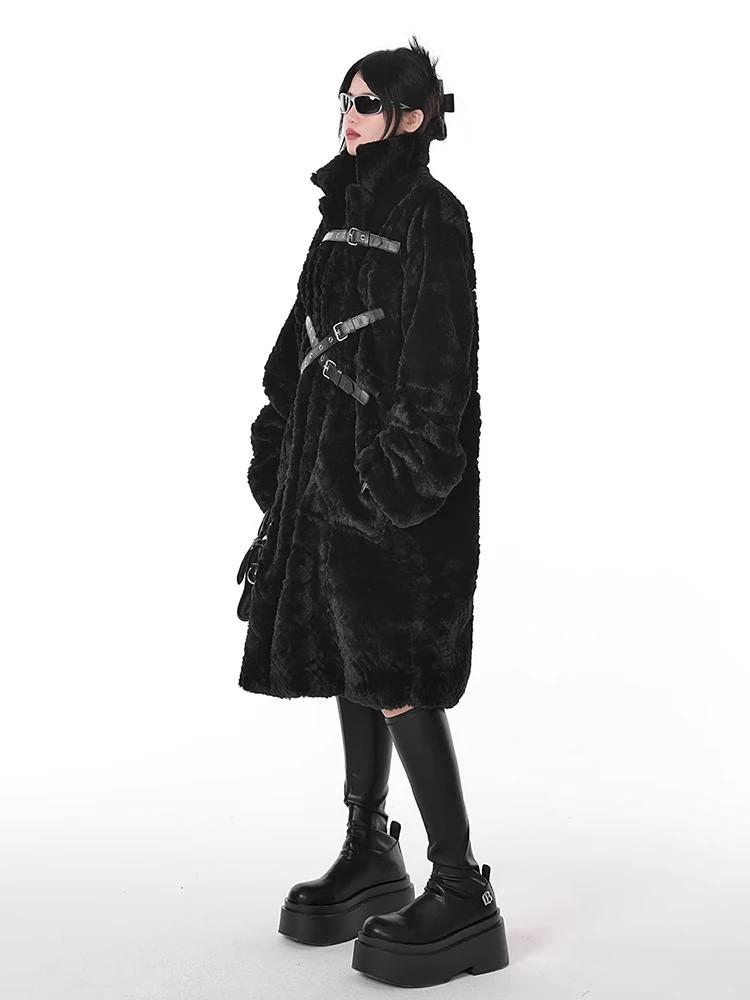 Lautaro Winter Cool Long Loose Casual Soft Thick Warm Black Fuzzy Faux Fur Coat Women Stand Collar Punk Style Fluffy