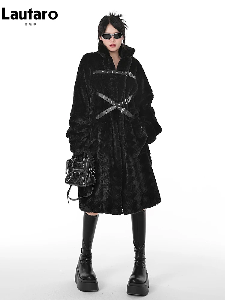 Lautaro Winter Cool Long Loose Casual Soft Thick Warm Black Fuzzy Faux Fur Coat Women Stand Collar Punk Style Fluffy Lautaro Winter Cool Long Loose Casual Soft Thick Warm Black Fuzzy Faux Fur Coat Women Stand Collar Punk Style Fluffy