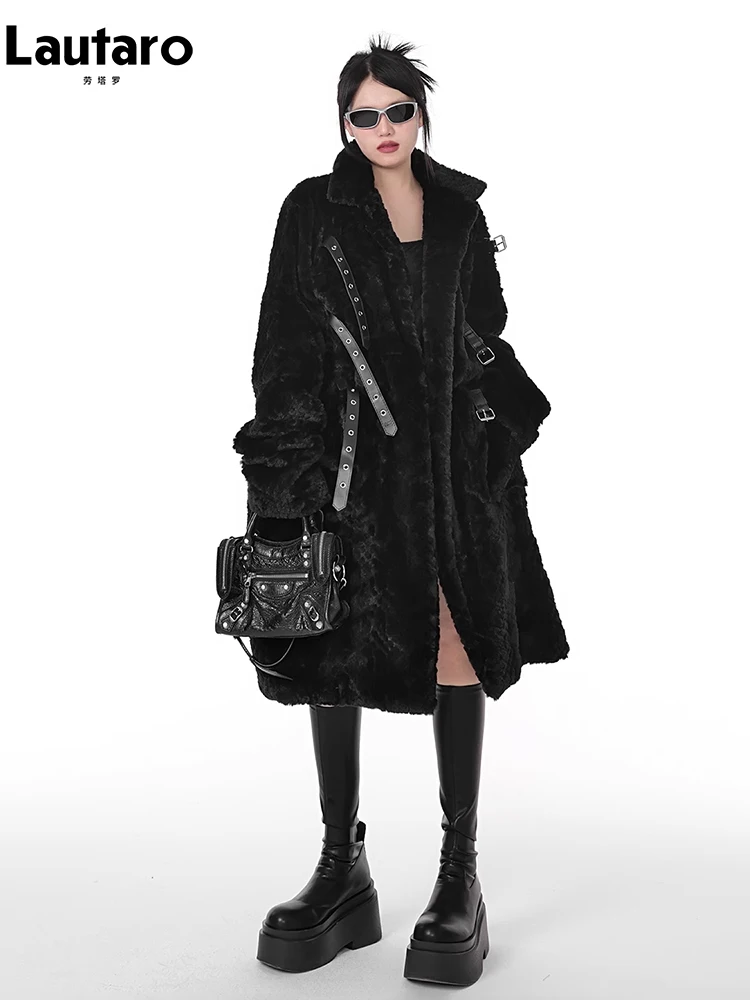 Lautaro Winter Cool Long Loose Casual Soft Thick Warm Black Fuzzy Faux Fur Coat Women Stand Collar Punk Style Fluffy Lautaro Winter Cool Long Loose Casual Soft Thick Warm Black Fuzzy Faux Fur Coat Women Stand Collar Punk Style Fluffy