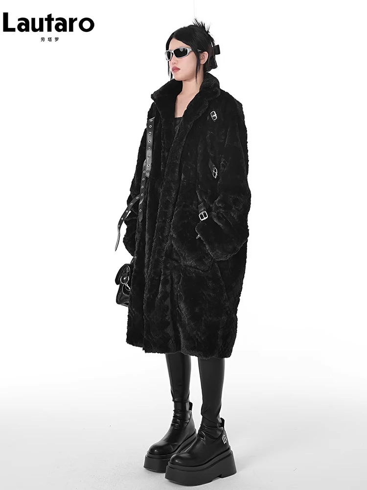 Lautaro Winter Cool Long Loose Casual Soft Thick Warm Black Fuzzy Faux Fur Coat Women Stand Collar Punk Style Fluffy Lautaro Winter Cool Long Loose Casual Soft Thick Warm Black Fuzzy Faux Fur Coat Women Stand Collar Punk Style Fluffy