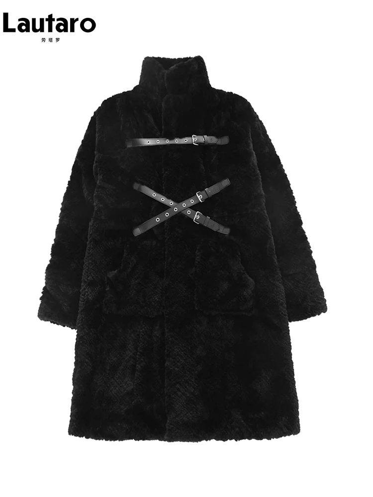 Lautaro Winter Cool Long Loose Casual Soft Thick Warm Black Fuzzy Faux Fur Coat Women Stand Collar Punk Style Fluffy Lautaro Winter Cool Long Loose Casual Soft Thick Warm Black Fuzzy Faux Fur Coat Women Stand Collar Punk Style Fluffy