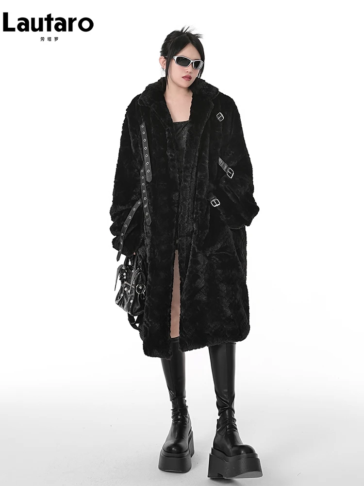 Lautaro Winter Cool Long Loose Casual Soft Thick Warm Black Fuzzy Faux Fur Coat Women Stand Collar Punk Style Fluffy Lautaro Winter Cool Long Loose Casual Soft Thick Warm Black Fuzzy Faux Fur Coat Women Stand Collar Punk Style Fluffy