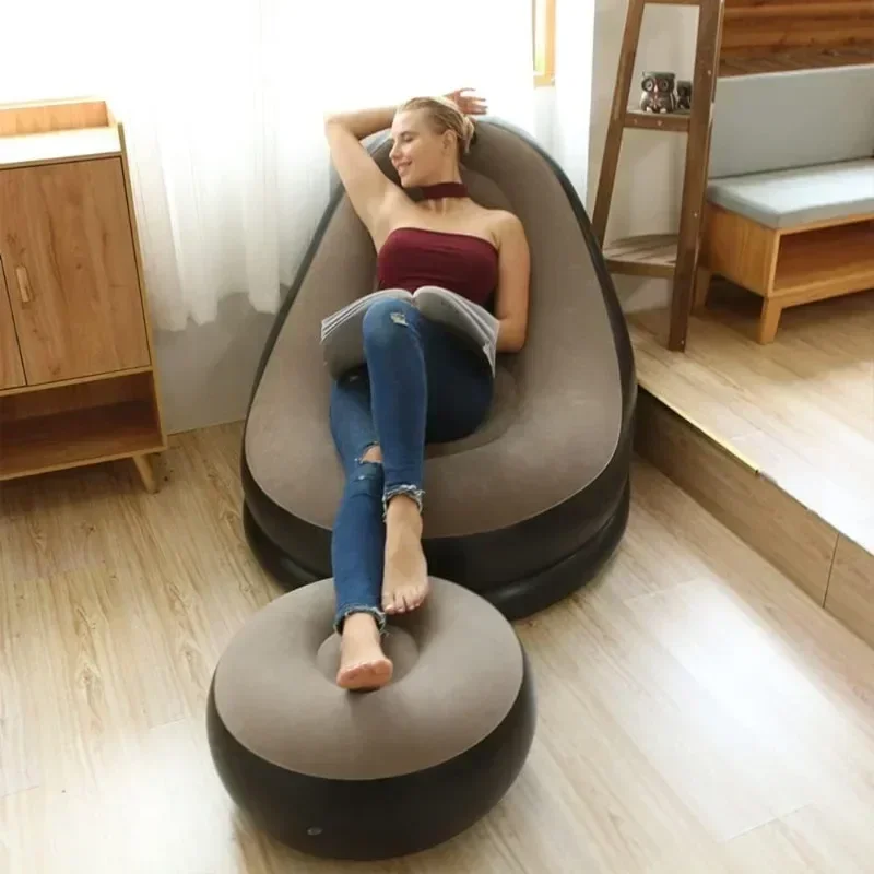 Lazy Couch Sofas Inflatable Foldable Recliner Outdoor Sofa Bed with Stirrups Comfortable Combination Flocked Velvet Lazy Couch Sofas Inflatable Foldable Recliner Outdoor Sofa Bed with Stirrups Comfortable Combination Flocked Velvet