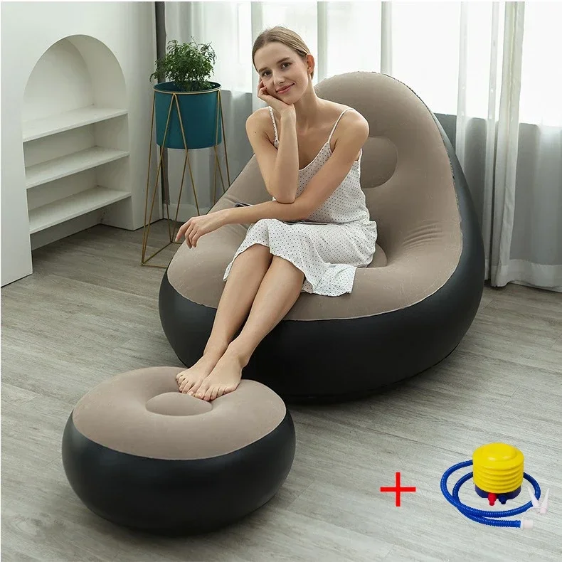 Lazy Couch Sofas Inflatable Foldable Recliner Outdoor Sofa Bed with Stirrups Comfortable Combination Flocked Velvet