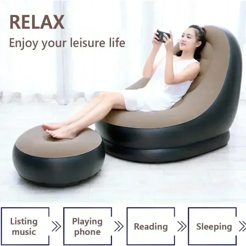 Lazy Couch Sofas Inflatable Foldable Recliner Outdoor Sofa Bed with Stirrups Comfortable Combination Flocked Velvet