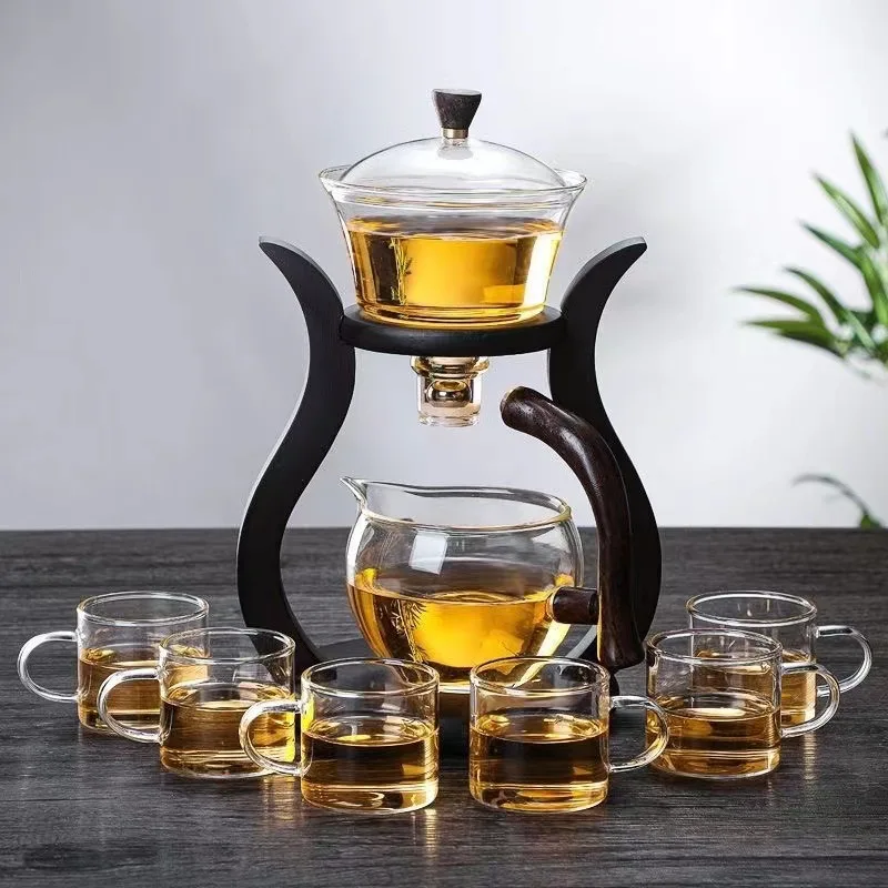 Lazy Kung Fu Glass Tea Set Teapot with 6 Cups Semi Automatic Drip With Infuser Glass Teapot Set Magnetic Switch Teapot