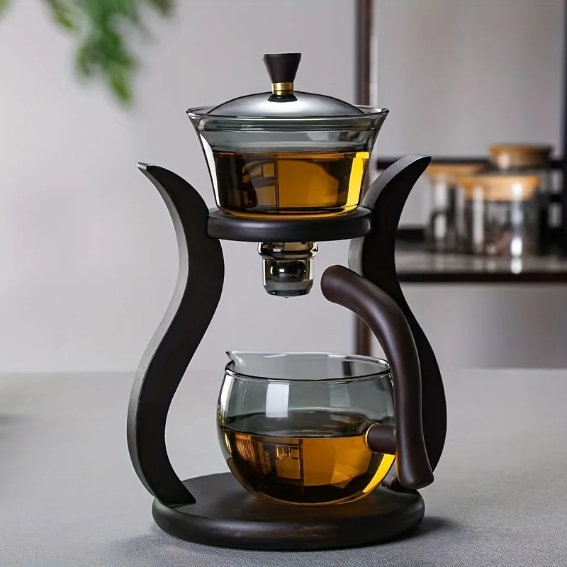 Lazy Kung Fu Glass Tea Set Teapot with 6 Cups Semi Automatic Drip With Infuser Glass Teapot Set Magnetic Switch Teapot
