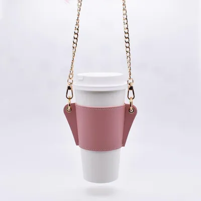 Leather Cup Sleeve with Metal Chain Sling