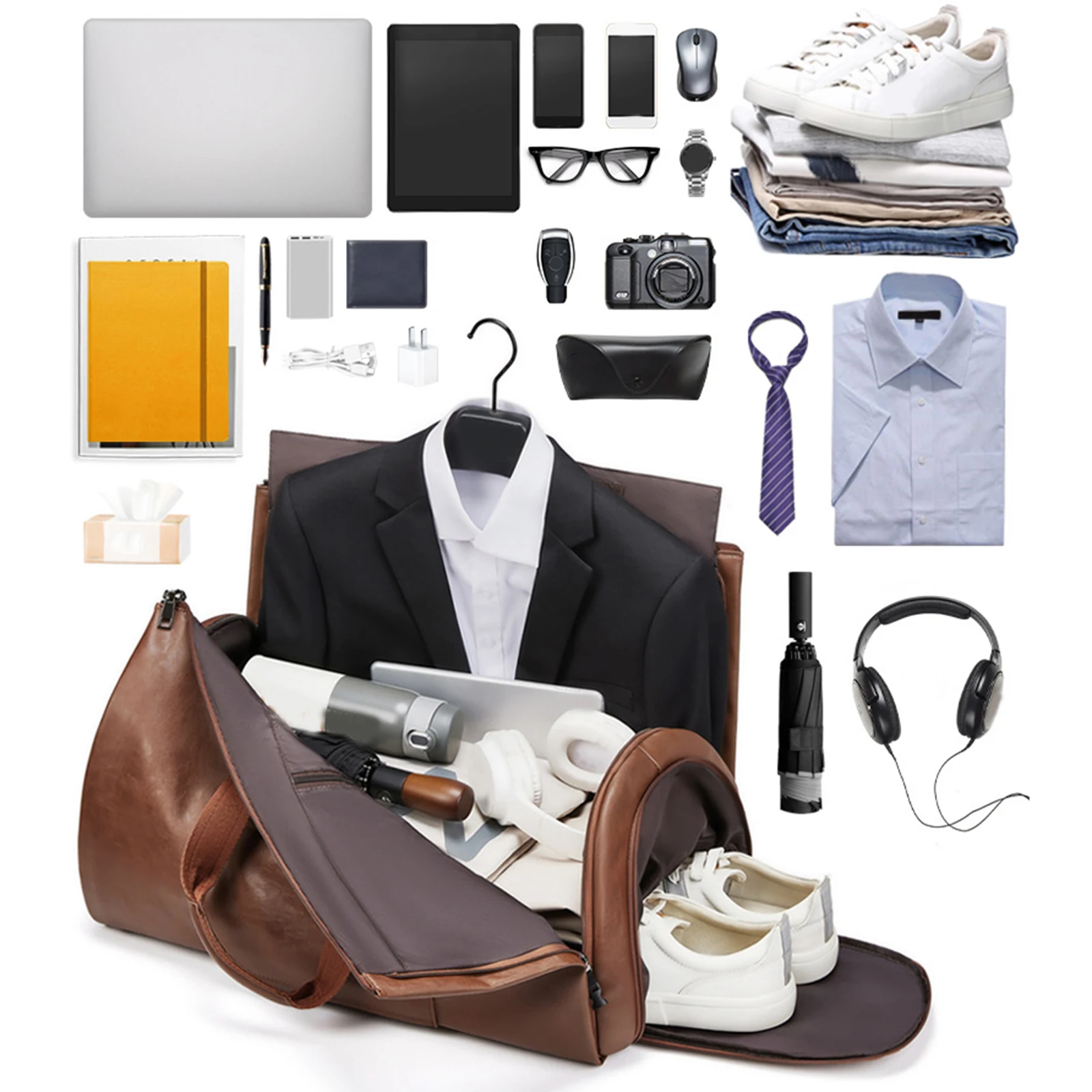 Leather Duffle Bag Adjustable Strap Shoulder Handbag Waterproof Extra Large Weekender Bag with Shoes Compartment for