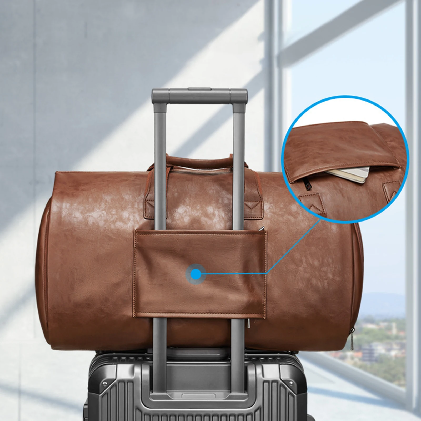 Leather Duffle Bag Adjustable Strap Shoulder Handbag Waterproof Extra Large Weekender Bag with Shoes Compartment for