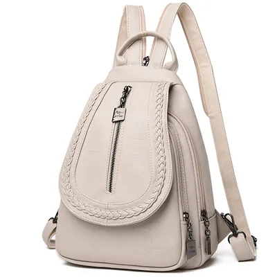 Leather Rucksack for Women with Zipper Pocket