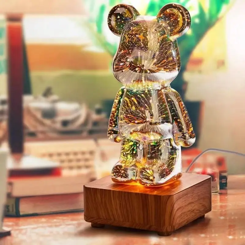LED 3D Bear Fireworks Night Light USB Room Decoration Ambient Light Suitable for Children Room Bedroom Decoration