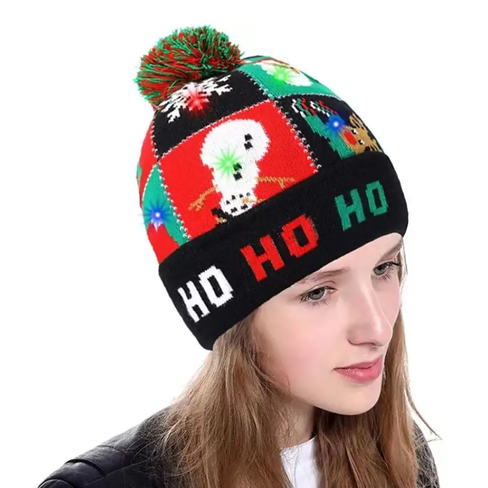 LED Christmas Knitted Hat Light Up Xmas Beanie Cap Unisex Winter Beanie Sweater Hat with Colorful LEDs for Christmas