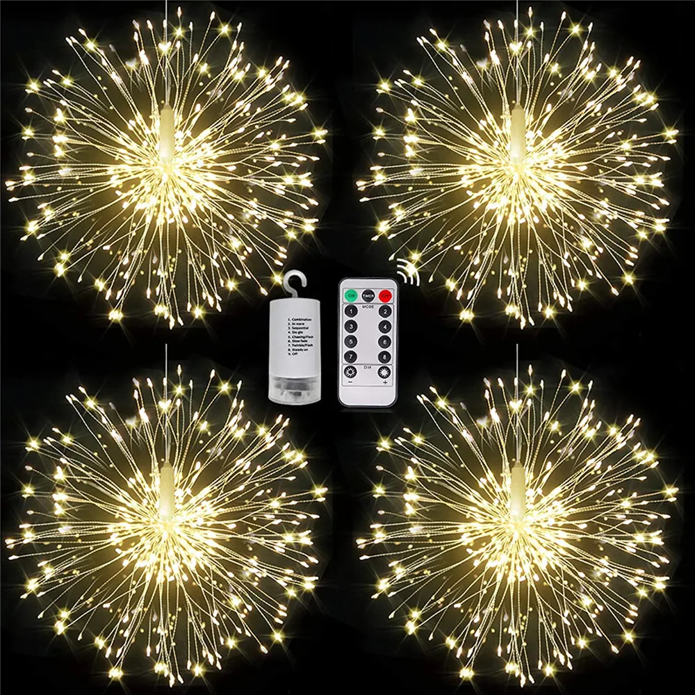 LED Copper Wire Firework Lights 8 Modes Fairy Starburst Light with Remote Outdoor Decorations for Home, Party, Cafe
