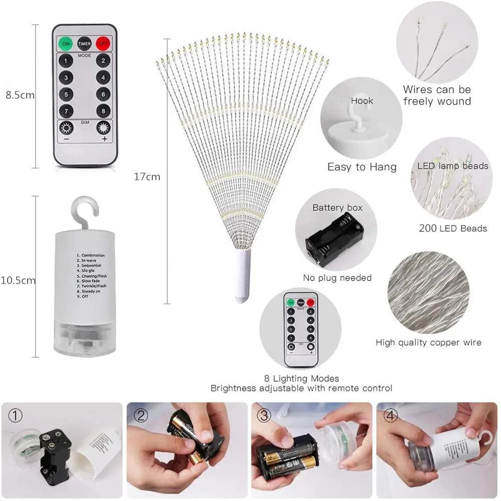 LED Copper Wire Firework Lights 8 Modes Fairy Starburst Light with Remote Outdoor Decorations for Home, Party, Cafe