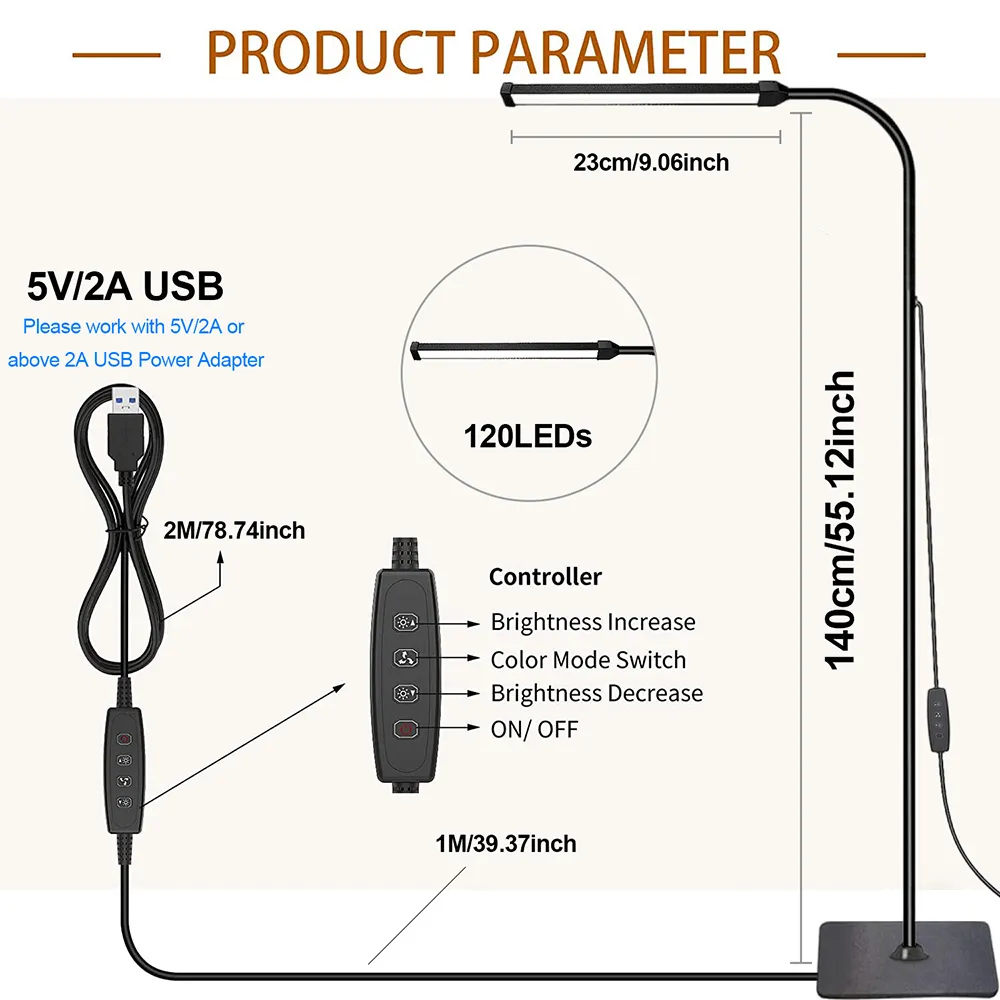 LED Floor Lamp For Living Room Adjustable Gooseneck Stand Light Dimmable Indoor Bedroom Standing Reading Light Office