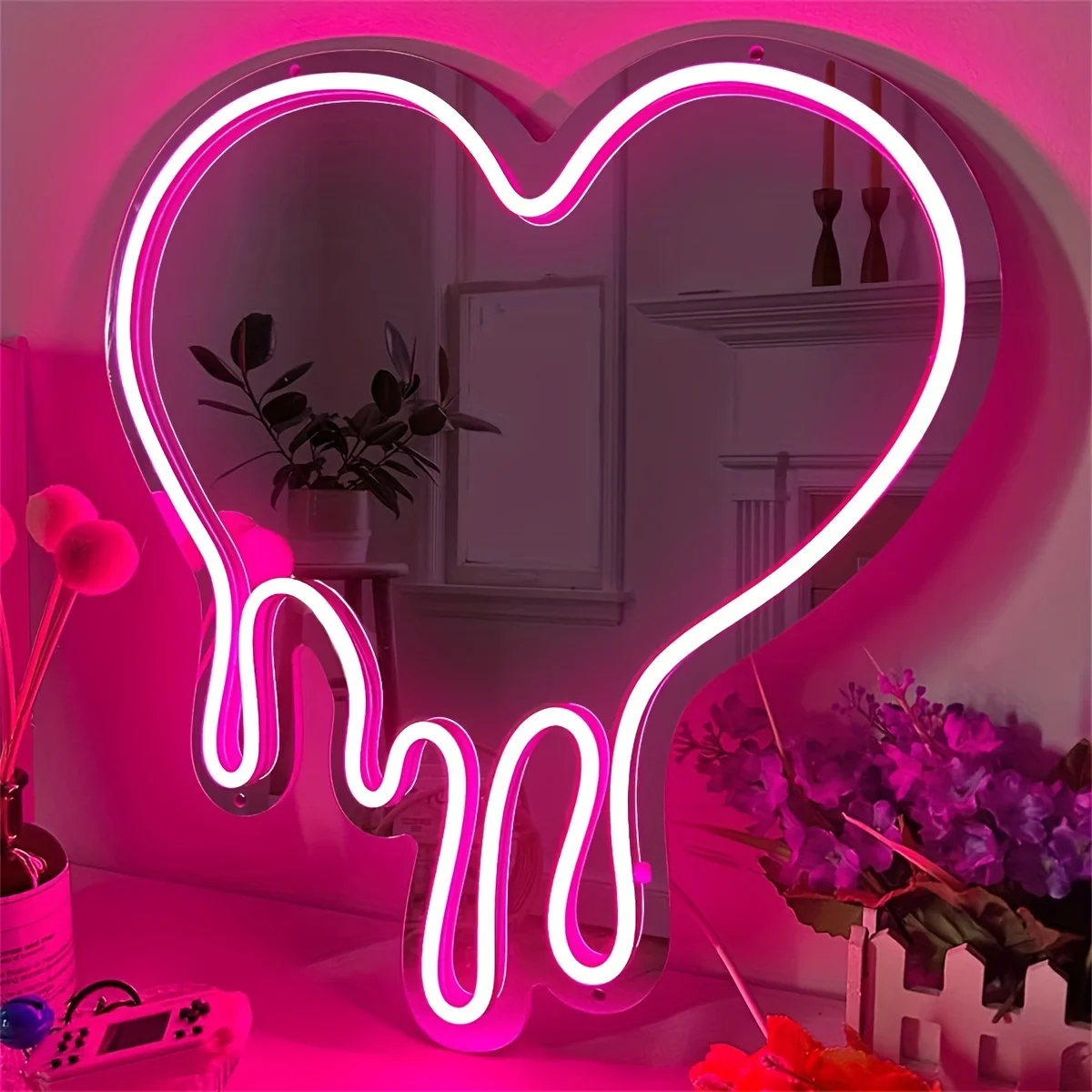 LED Heart Neon Sign Light for Bedroom Girl's Room Party Studio Shop Decor Melt Heart with Pink Mirror Sign Perfect