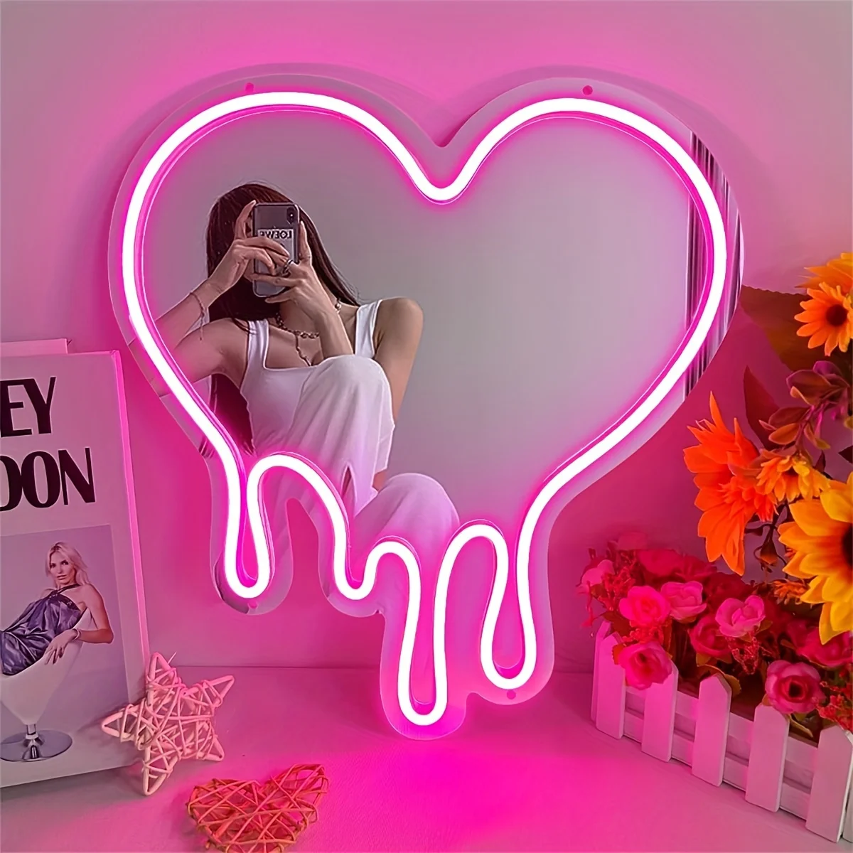 LED Heart Neon Sign Light for Bedroom Girl's Room Party Studio Shop Decor Melt Heart with Pink Mirror Sign Perfect