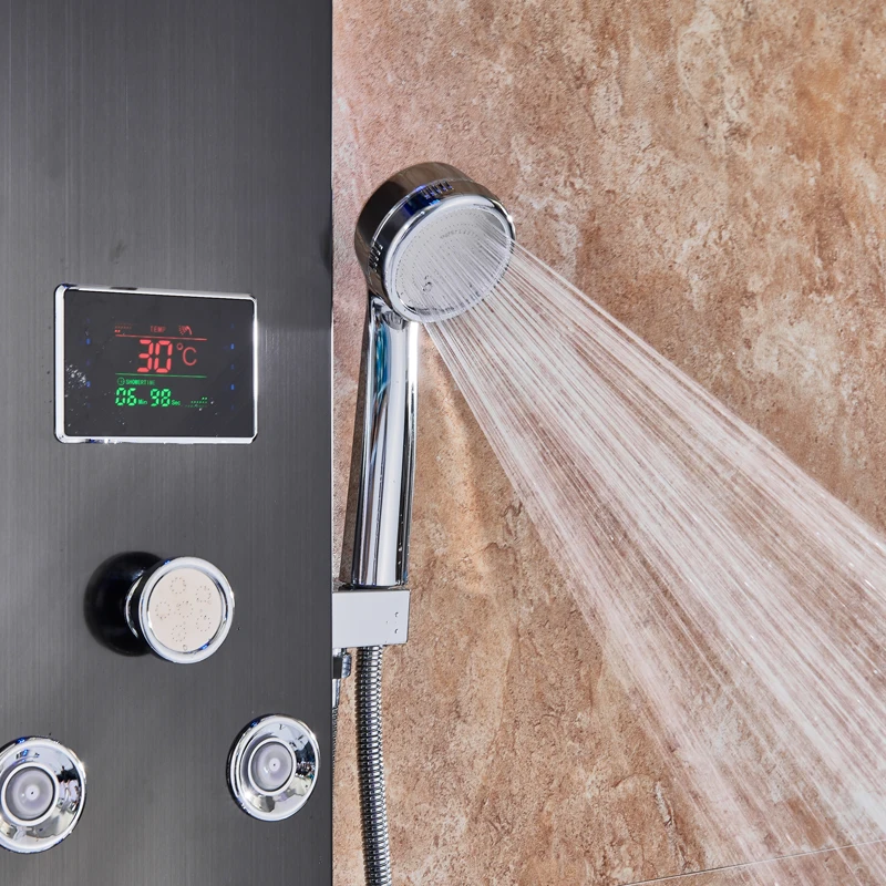 LED Light Shower Faucet Bathroom Waterfall Rain Black Shower Panel In Wall Shower System with Spa Massage Sprayer and