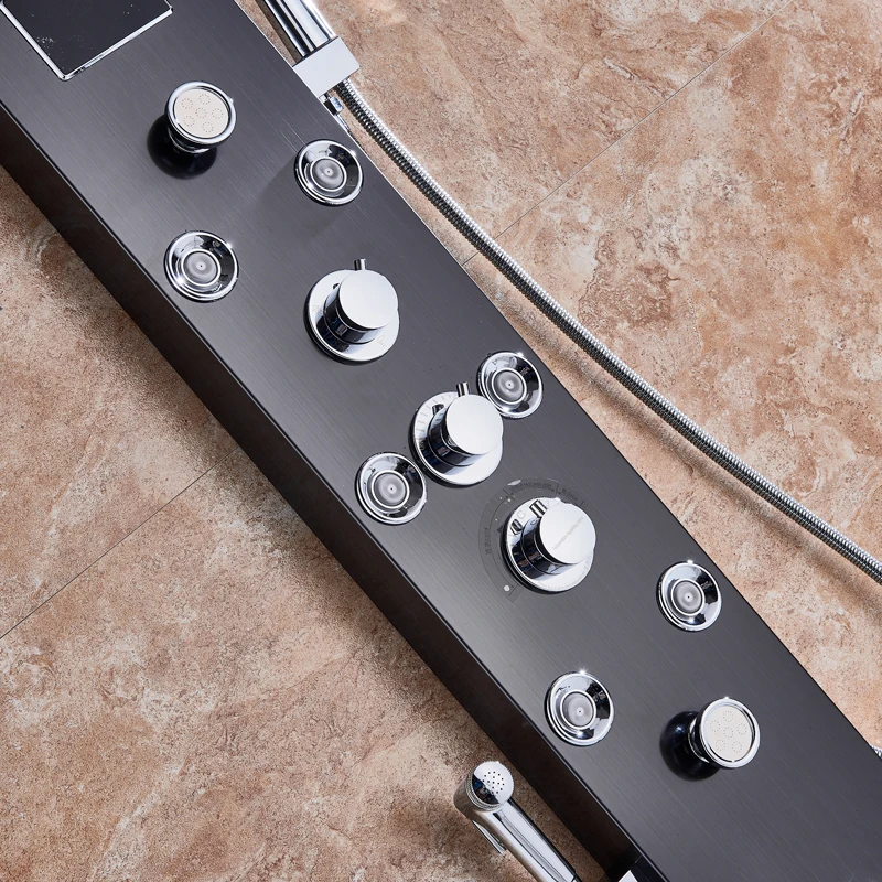 LED Light Shower Faucet Bathroom Waterfall Rain Black Shower Panel In Wall Shower System with Spa Massage Sprayer and