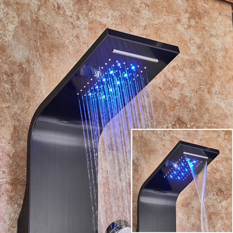 LED Light Shower Faucet Bathroom Waterfall Rain Black Shower Panel In Wall Shower System with Spa Massage Sprayer and