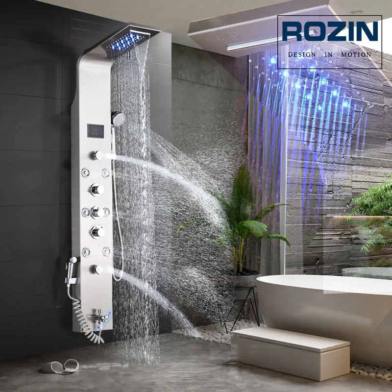 LED Light Shower Faucet Bathroom Waterfall Rain Black Shower Panel In Wall Shower System with Spa Massage Sprayer and