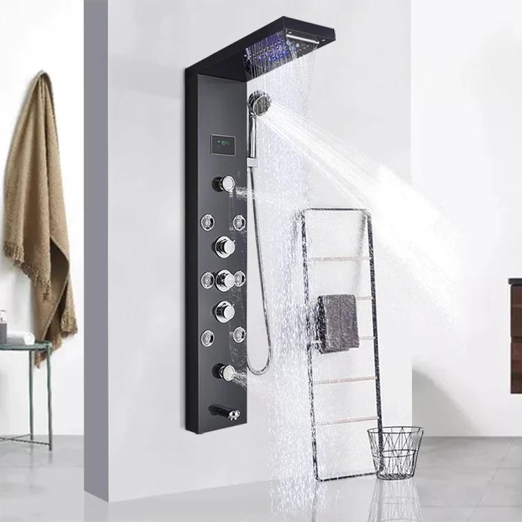 LED Light Shower Panel Waterfall Rain Digital Display Shower Faucet Set SPA Massage Jet Bathroom Column Mixer Tap Tower
