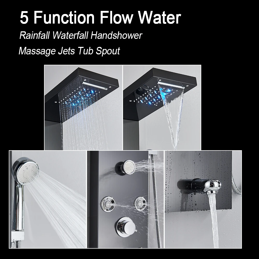 LED Light Shower Panel Waterfall Rain Digital Display Shower Faucet Set SPA Massage Jet Bathroom Column Mixer Tap Tower