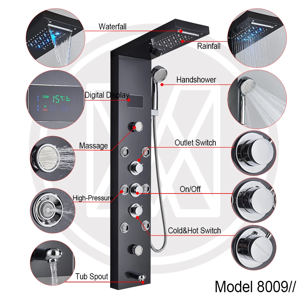 LED Light Shower Panel Waterfall Rain Digital Display Shower Faucet Set SPA Massage Jet Bathroom Column Mixer Tap Tower
