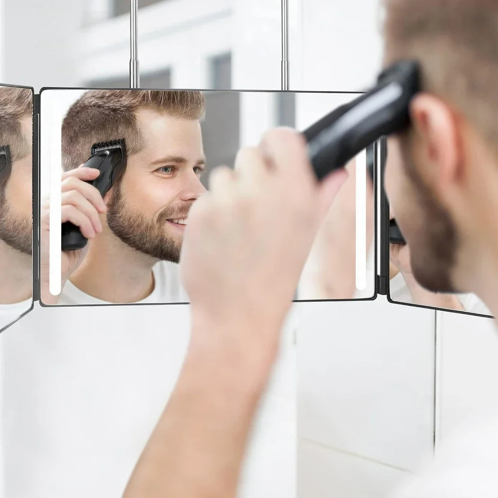 LED Lights 3 Way Mirror for Self Hair Cutting Rechargeable 360° Mirror with Self Haircut Mirror with Height Adjustable