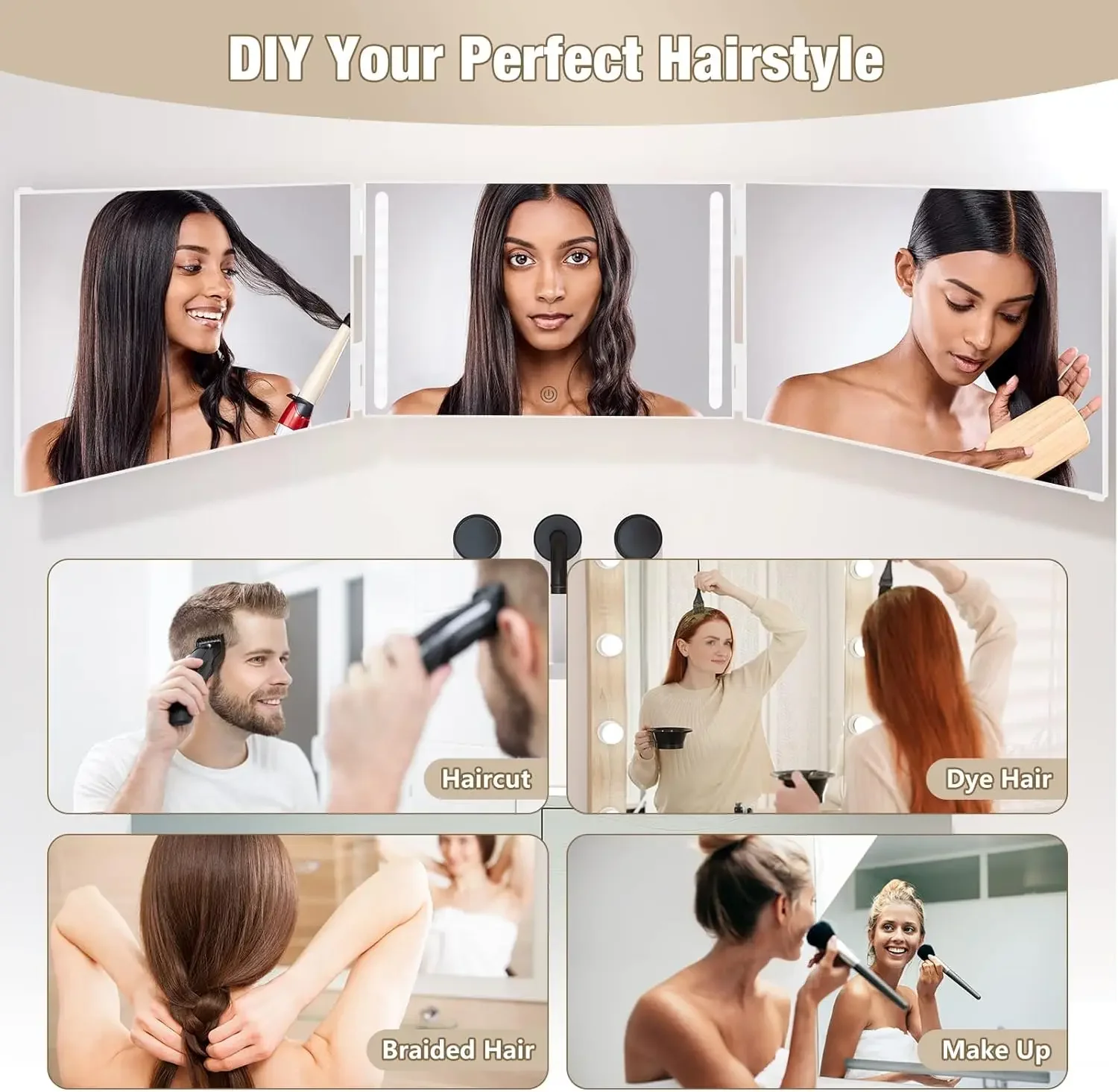 LED Lights 3 Way Mirror for Self Hair Cutting Rechargeable 360° Mirror with Self Haircut Mirror with Height Adjustable
