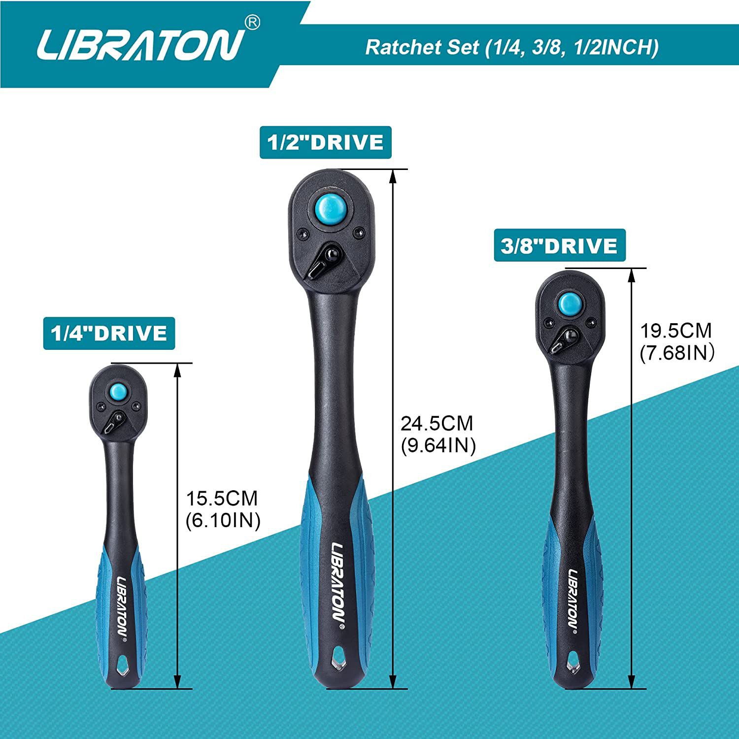 Libraton Ratchet Set, 3Pcs 1/4″, 3/8″, 1/2″ Ratchet Handle with Teardrop Head, Quick-Release Ratchet Set with Comfort Libraton Ratchet Set, 3Pcs 1/4″, 3/8″, 1/2″ Ratchet Handle with Teardrop Head, Quick-Release Ratchet Set with Comfort