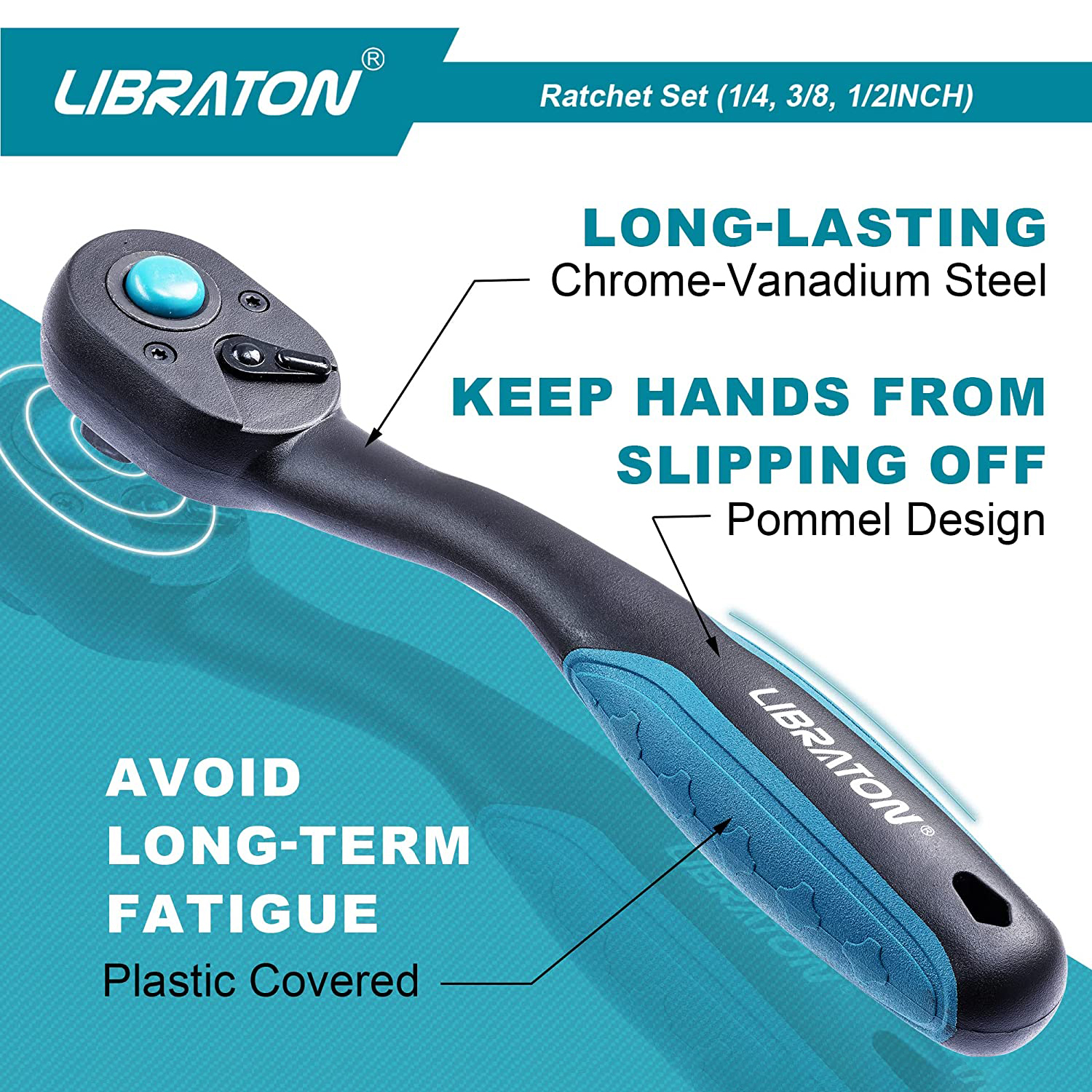 Libraton Ratchet Set, 3Pcs 1/4″, 3/8″, 1/2″ Ratchet Handle with Teardrop Head, Quick-Release Ratchet Set with Comfort Libraton Ratchet Set, 3Pcs 1/4″, 3/8″, 1/2″ Ratchet Handle with Teardrop Head, Quick-Release Ratchet Set with Comfort