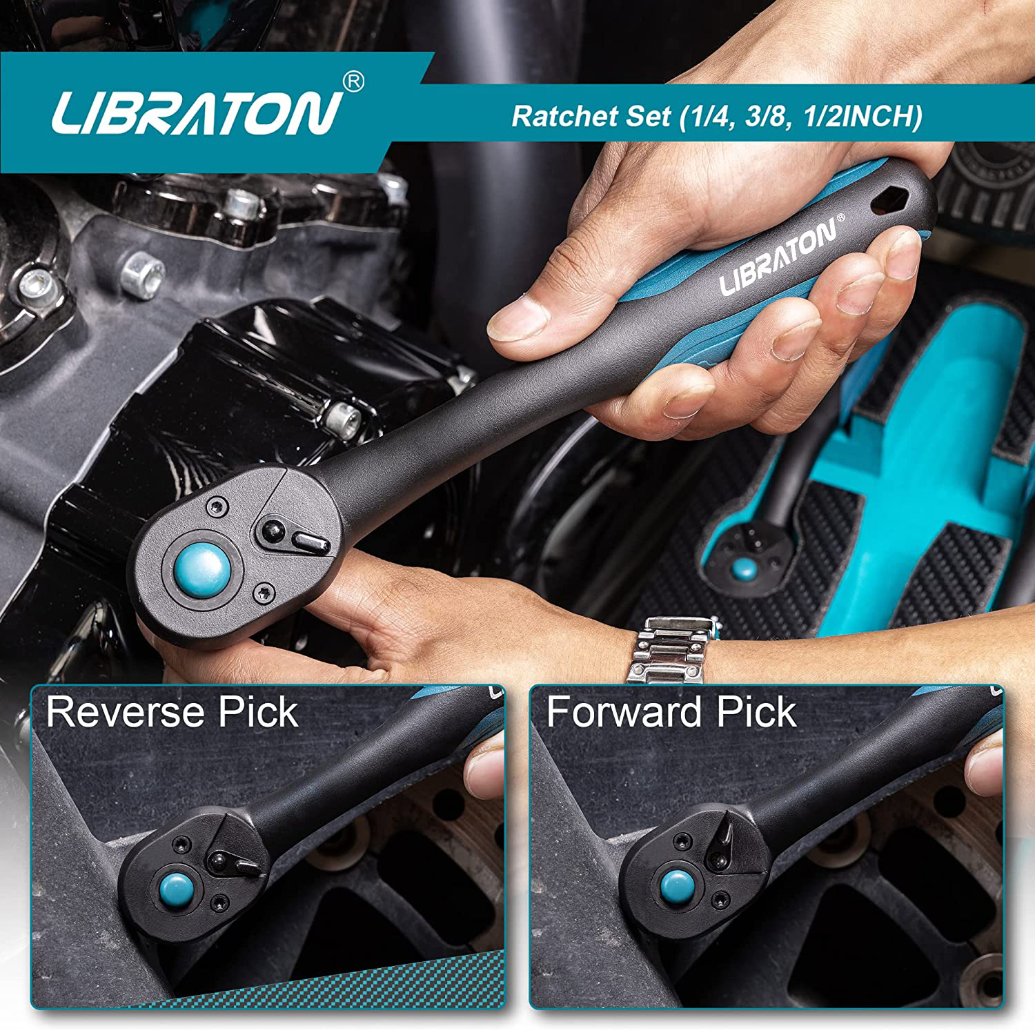 Libraton Ratchet Set, 3Pcs 1/4″, 3/8″, 1/2″ Ratchet Handle with Teardrop Head, Quick-Release Ratchet Set with Comfort Libraton Ratchet Set, 3Pcs 1/4″, 3/8″, 1/2″ Ratchet Handle with Teardrop Head, Quick-Release Ratchet Set with Comfort