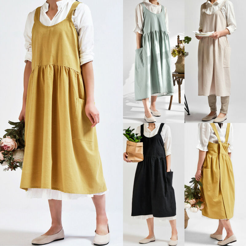Linen Cross Back Apron with Pockets