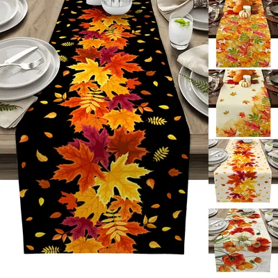 Linen Leaf Pattern Autumn Table Runner