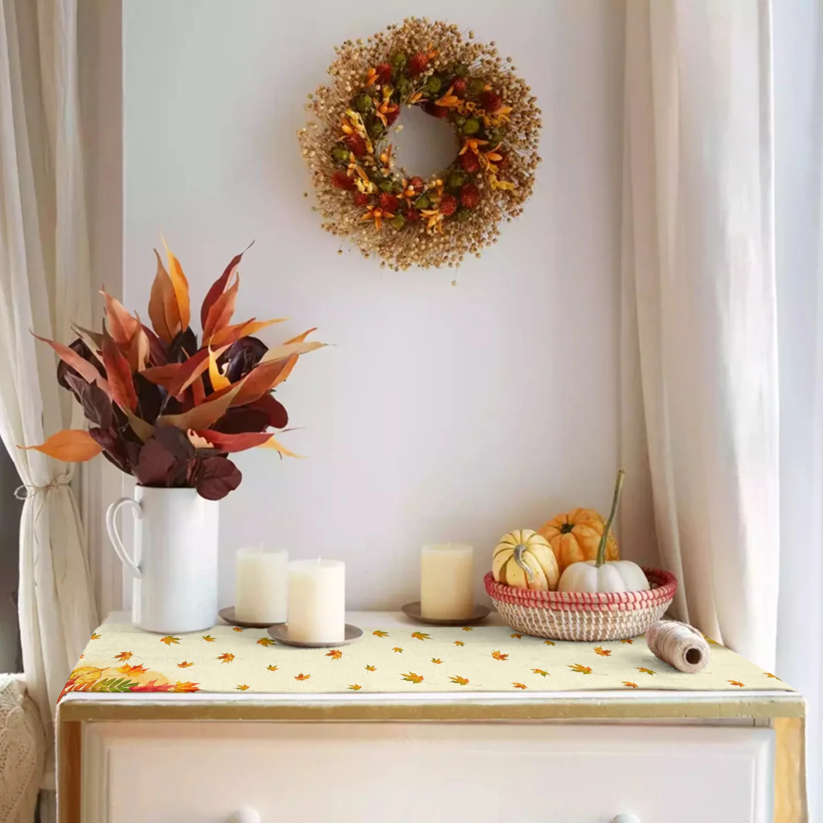 Linen Leaf Pattern Autumn Table Runner