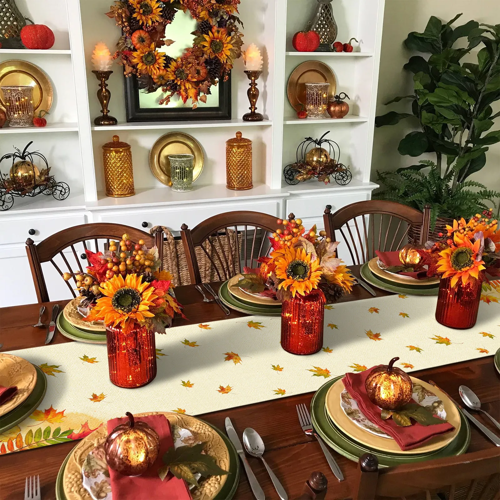 Linen Leaf Pattern Autumn Table Runner