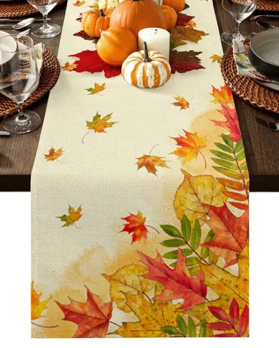 Linen Leaf Pattern Autumn Table Runner